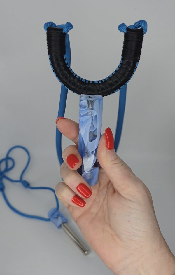 Custom Handmade Made Gypsy Slingshot – Black, Blue, White & Clear Resin Handle + Matching Ammo Magnet + Bearings | Catty Precision - Image 3