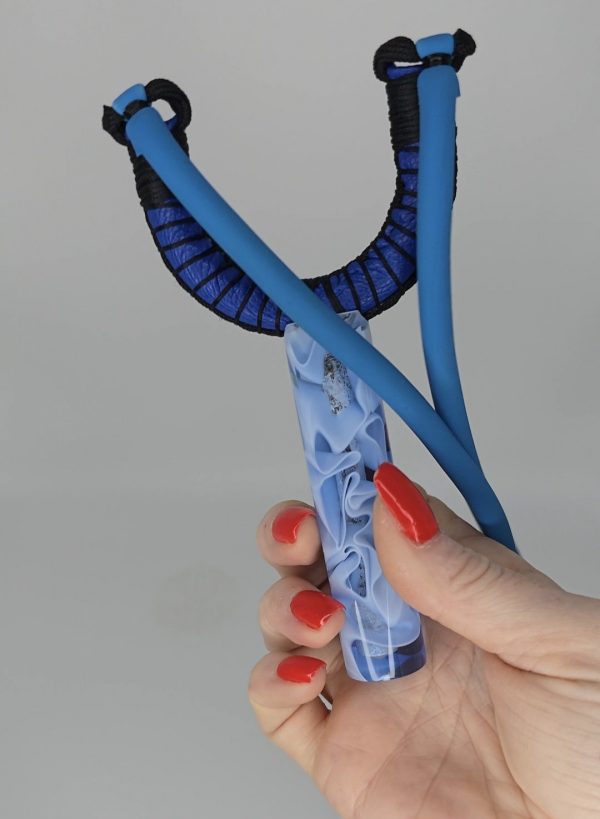 Custom Gypsy Slingshot – Blue, Black, White & Clear Resin Handle + Matching Ammo Magnet + Bearings | Catty Precision - Image 8