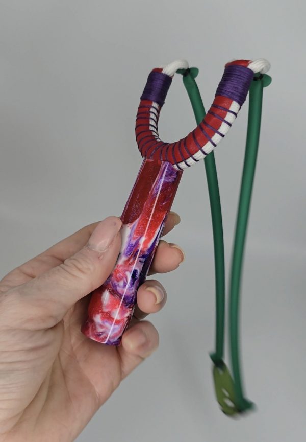 Custom Gypsy Slingshot – Red, Purple & White Glitter Resin Handle + Matching Ammo Magnet + bearings | Catty Precision - Image 4