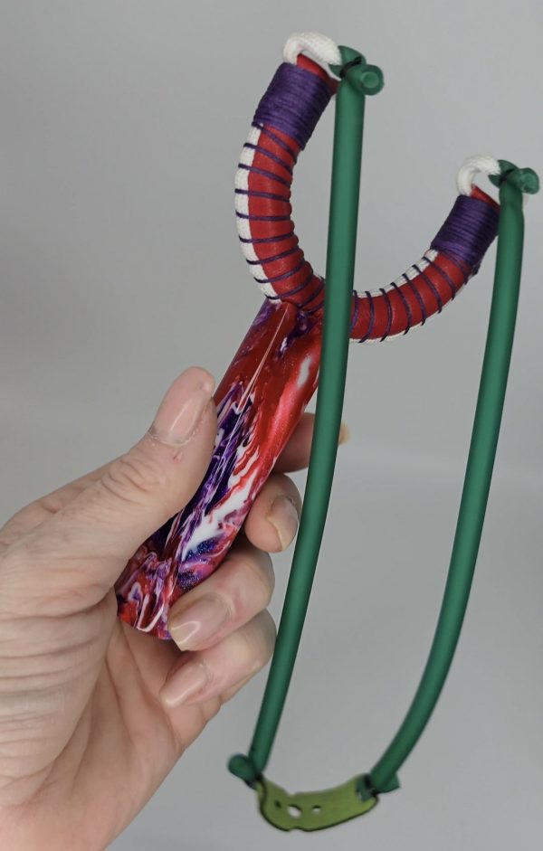 Custom Gypsy Slingshot – Red, Purple & White Glitter Resin Handle + Matching Ammo Magnet + bearings | Catty Precision - Image 3