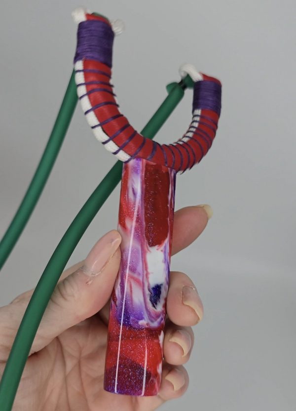 Custom Gypsy Slingshot – Red, Purple & White Glitter Resin Handle + Matching Ammo Magnet + bearings | Catty Precision - Image 6