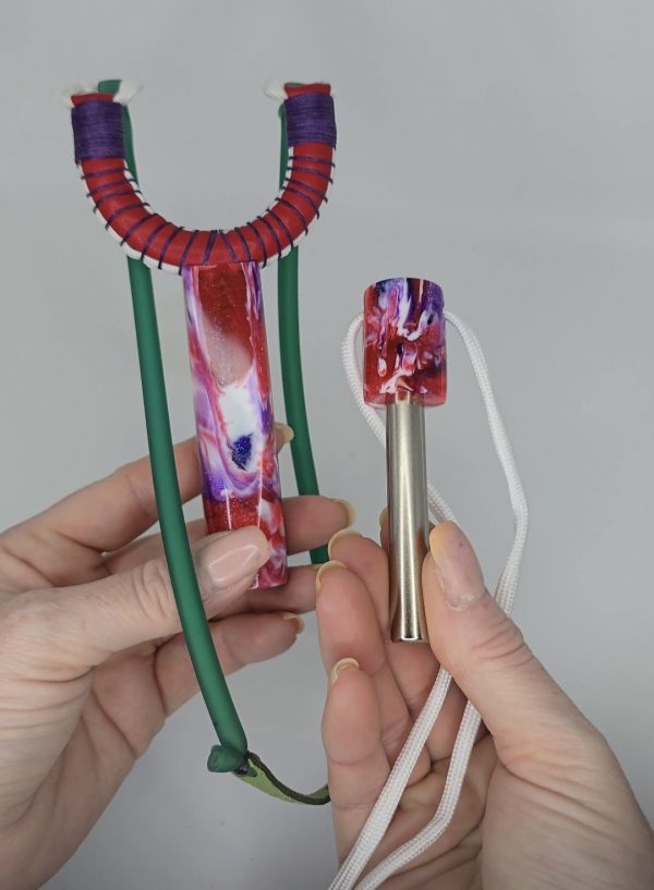 Custom Gypsy Slingshot – Red, Purple & White Glitter Resin Handle + Matching Ammo Magnet + bearings | Catty Precision - Image 10