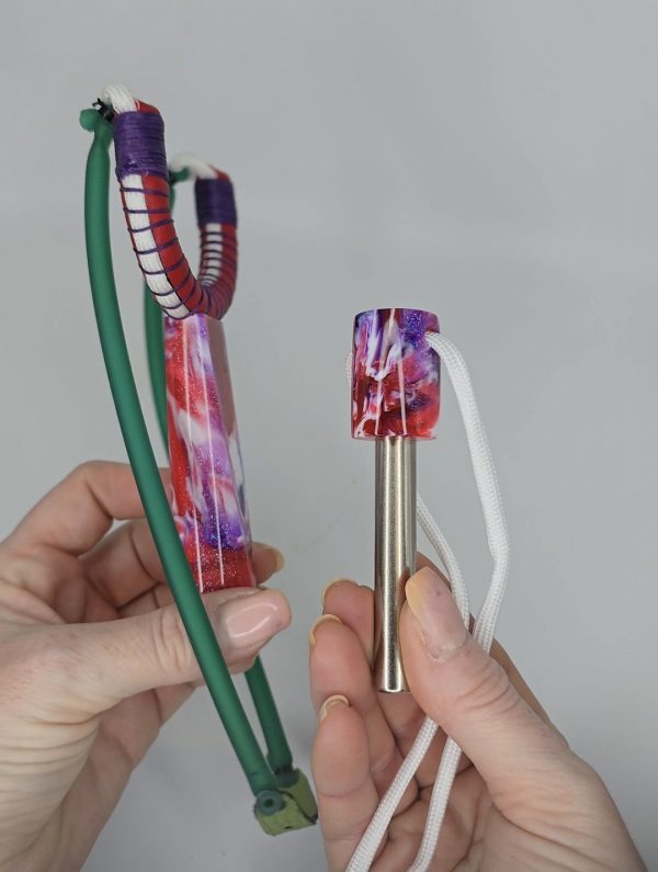 Custom Gypsy Slingshot – Red, Purple & White Glitter Resin Handle + Matching Ammo Magnet + bearings | Catty Precision - Image 7