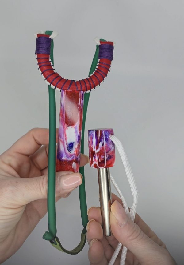 Custom Gypsy Slingshot – Red, Purple & White Glitter Resin Handle + Matching Ammo Magnet + bearings | Catty Precision - Image 11