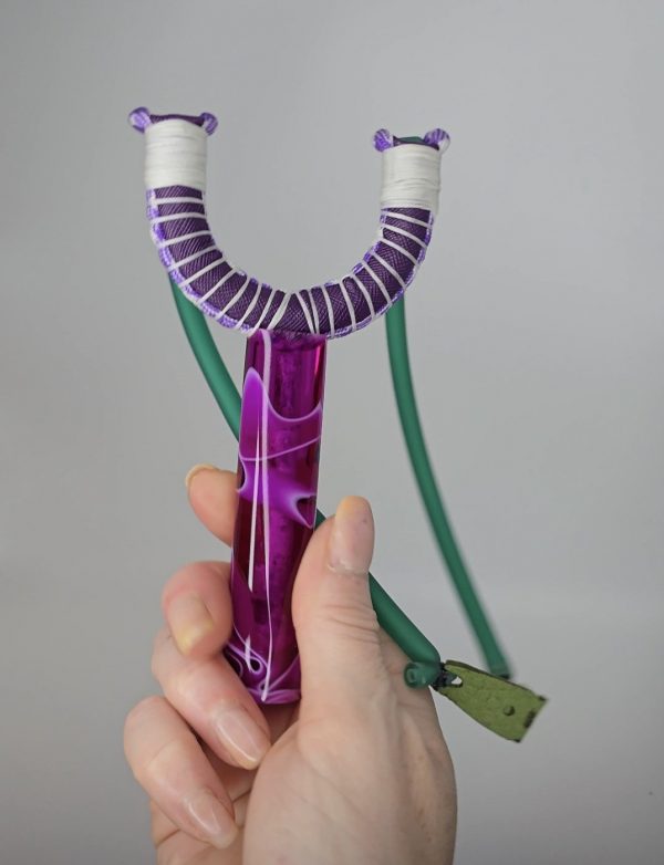 Custom Gypsy Slingshot – Purple & White Swirl Resin Handle + Matching Ammo Magnet + Bearings | Catty Precision - Image 4