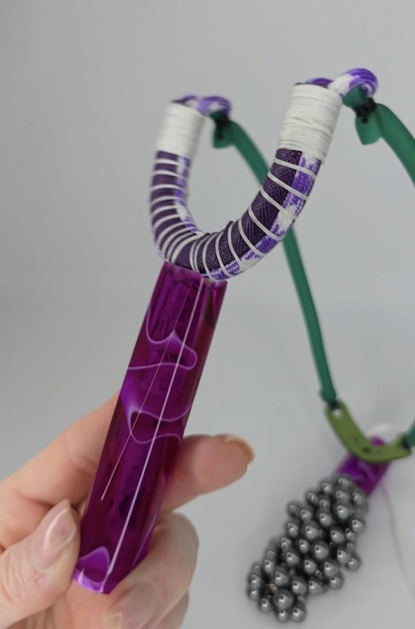 Custom Gypsy Slingshot – Purple & White Swirl Resin Handle + Matching Ammo Magnet + Bearings | Catty Precision - Image 12