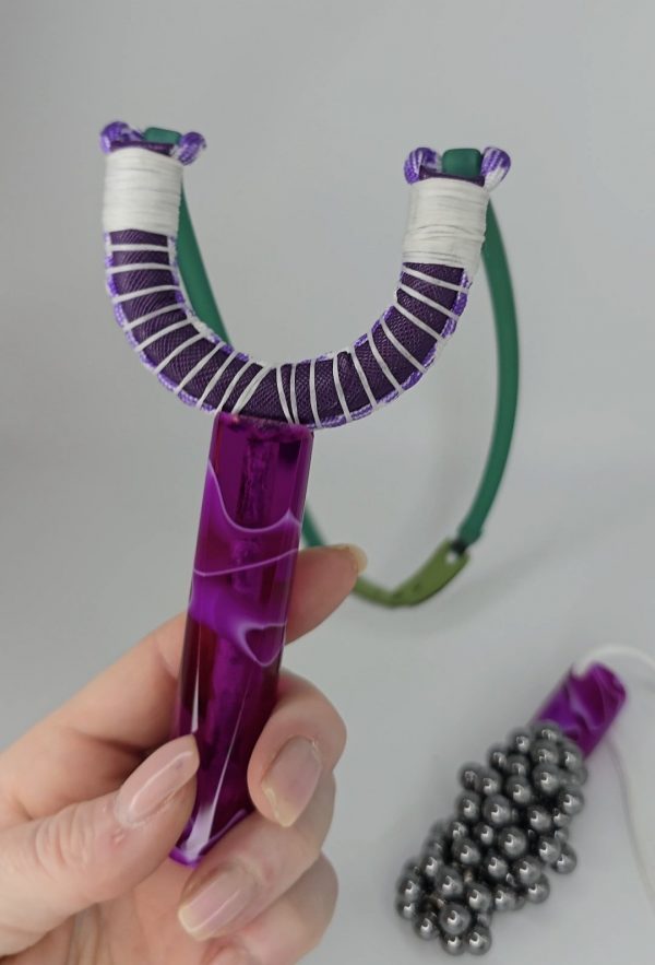 Custom Gypsy Slingshot – Purple & White Swirl Resin Handle + Matching Ammo Magnet + Bearings | Catty Precision - Image 5