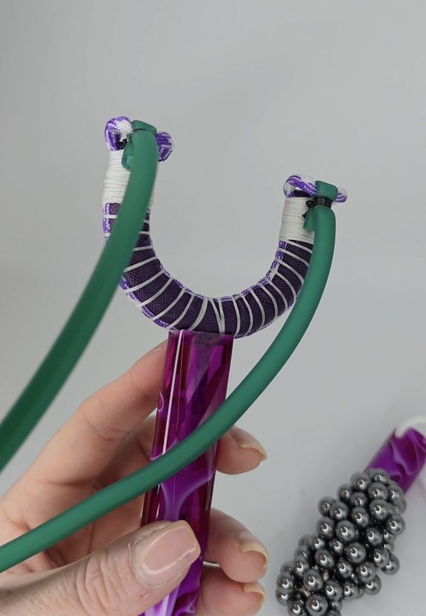 Custom Gypsy Slingshot – Purple & White Swirl Resin Handle + Matching Ammo Magnet + Bearings | Catty Precision - Image 9