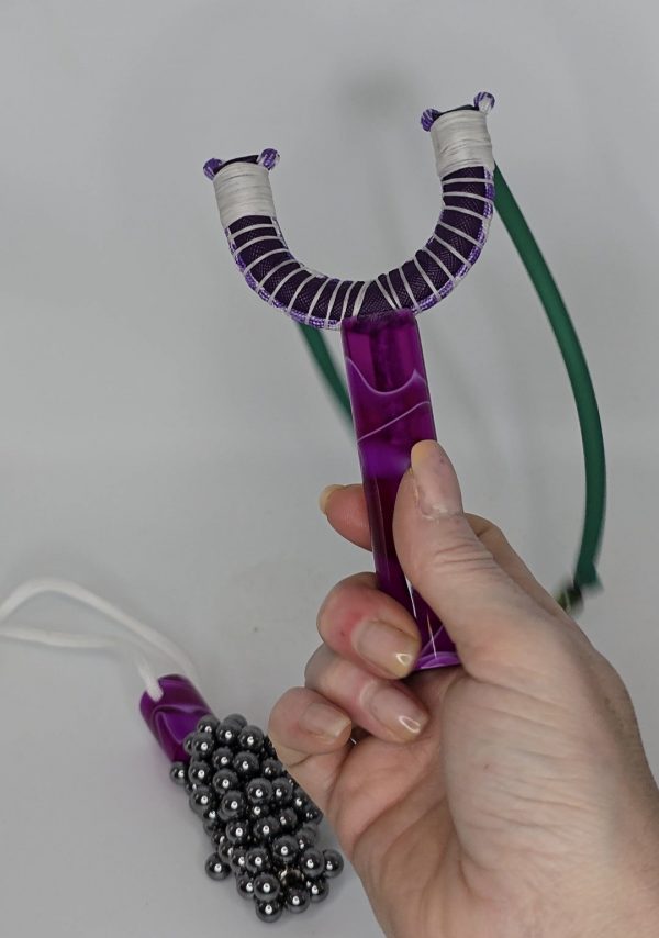 Custom Gypsy Slingshot – Purple & White Swirl Resin Handle + Matching Ammo Magnet + Bearings | Catty Precision - Image 13