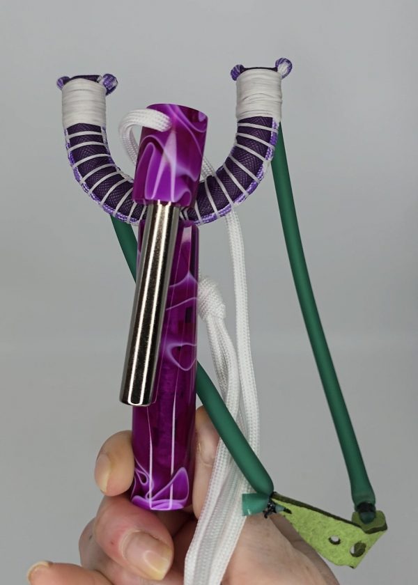 Custom Gypsy Slingshot – Purple & White Swirl Resin Handle + Matching Ammo Magnet + Bearings | Catty Precision - Image 8