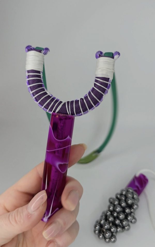 Custom Gypsy Slingshot – Purple & White Swirl Resin Handle + Matching Ammo Magnet + Bearings | Catty Precision - Image 10