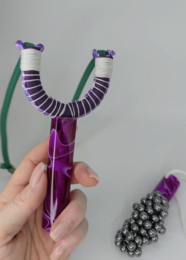 Custom Gypsy Slingshot – Purple & White Swirl Resin Handle + Matching Ammo Magnet + Bearings | Catty Precision - Image 3