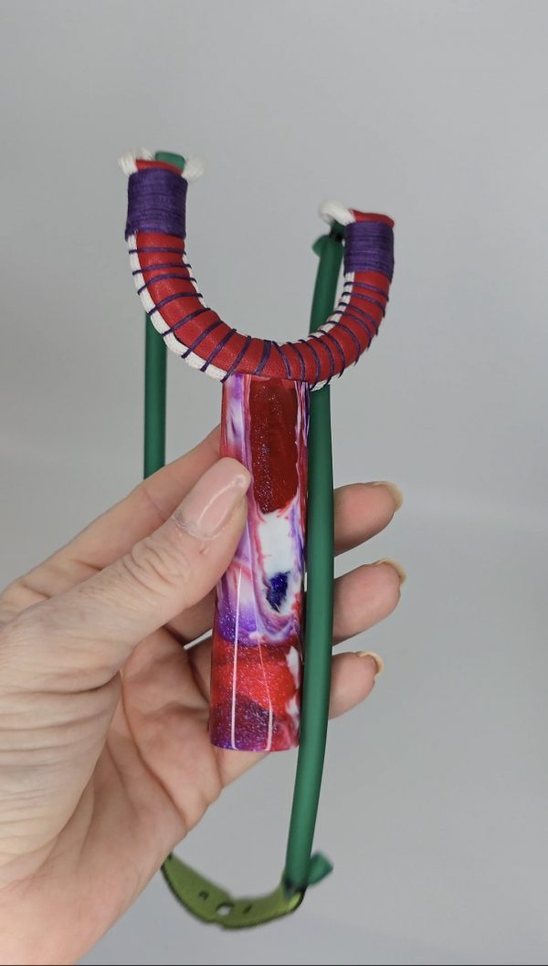 Custom Gypsy Slingshot – Red, Purple & White Glitter Resin Handle + Matching Ammo Magnet + bearings | Catty Precision - Image 5