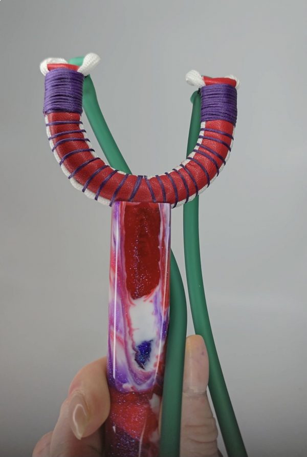 Custom Gypsy Slingshot – Red, Purple & White Glitter Resin Handle + Matching Ammo Magnet + bearings | Catty Precision - Image 2