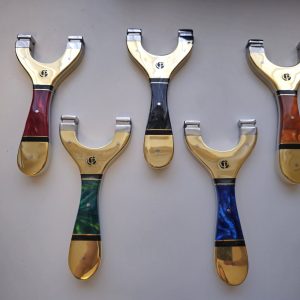 Premium Brass Slingshot with Green Shimmer Resin Handle with a Brass Bottom | Catty Precision