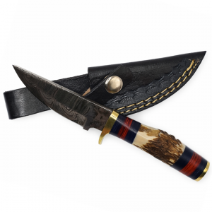 Handcrafted Damascus Hunting Knife with Stag Antler Handle with Colored Spacers & Leather Sheath