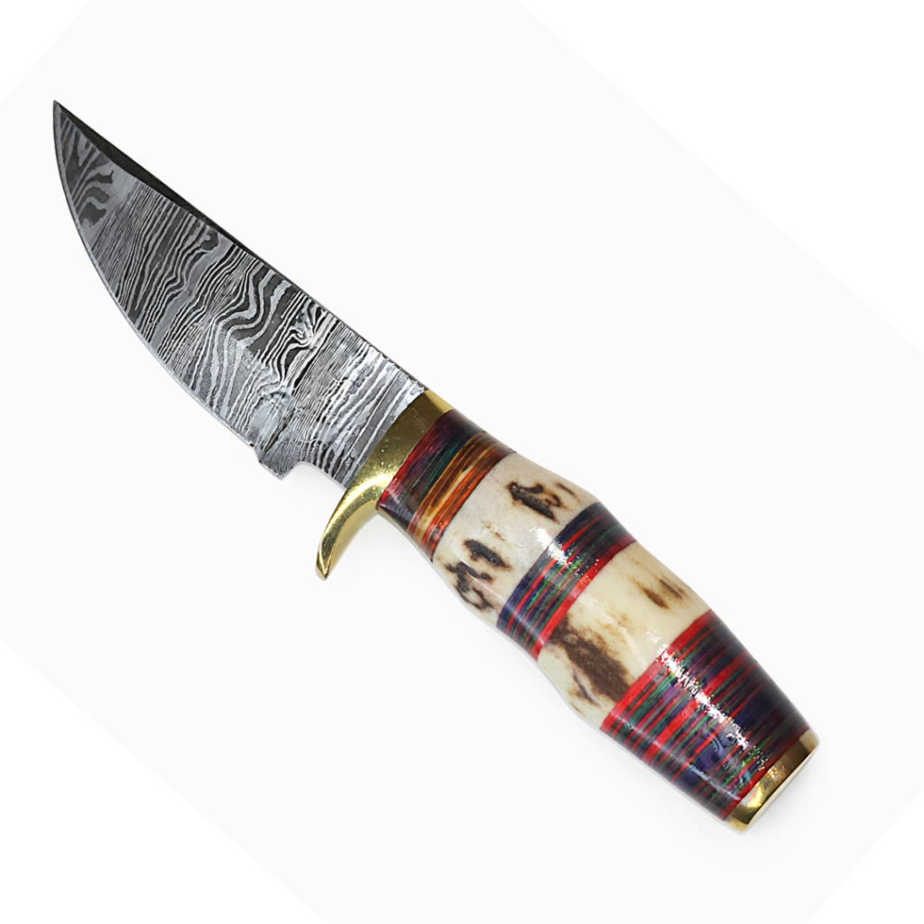 Handcrafted Damascus Hunting Knife with Two-Piece Natural Deer Antler Handle & Leather Sheath