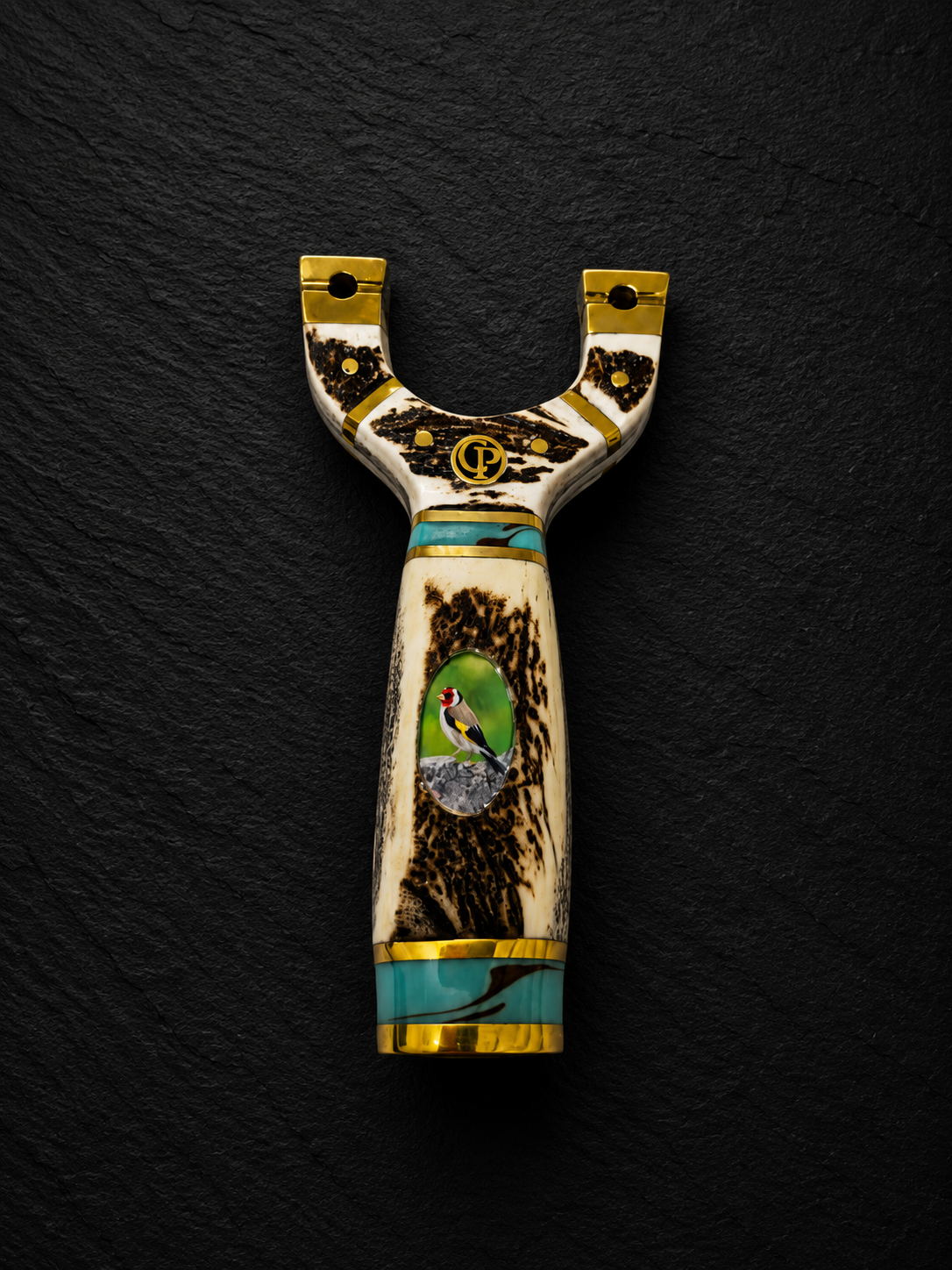 Green Gold Finch Stag Slingshot – Full Round Stag Handle | Steel Core | Brass Tips