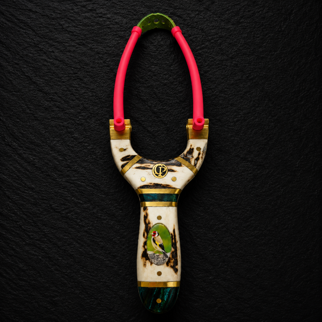 Green Gold Finch Stag Slingshot – Flat Stag Handle | Steel Core | Brass Tips